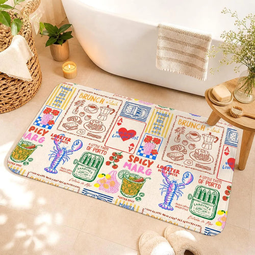 Coastal Doodle Bath Mat in a warm bathroom lifestyle setting