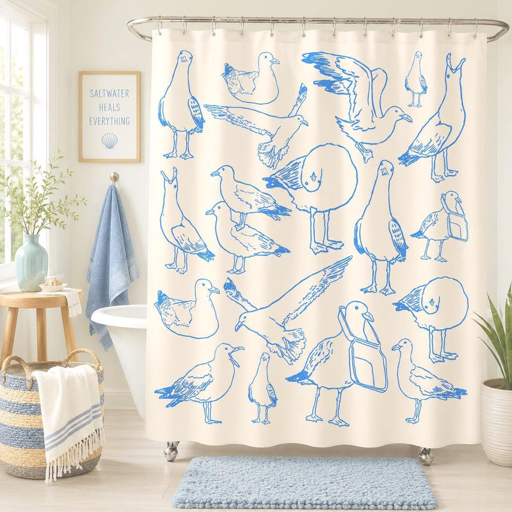 Coastal Seagull Doodle Shower Curtain photo 1