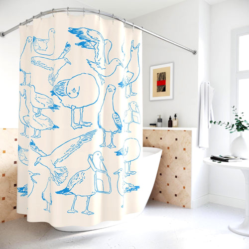 Coastal Seagull Doodle Shower Curtain photo 2