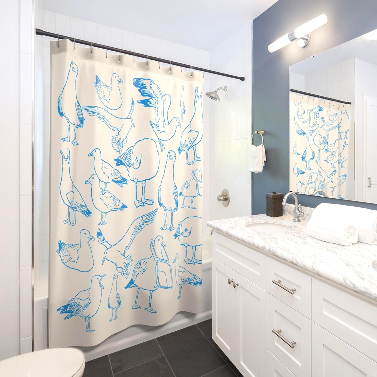Coastal Seagull Doodle Shower Curtain photo 5