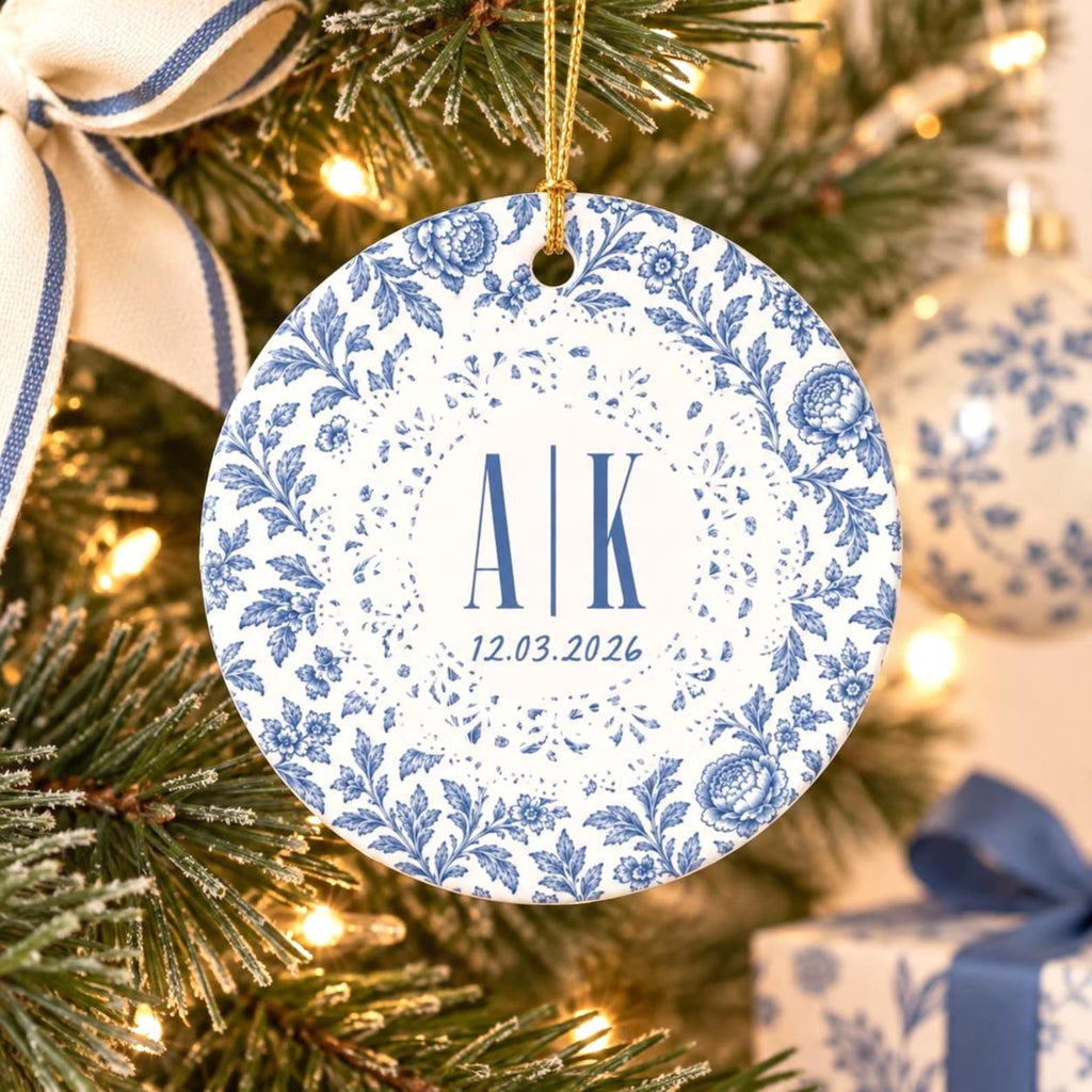 Personalized Blue Floral Wedding Ceramic Ornament Etsy photo 2