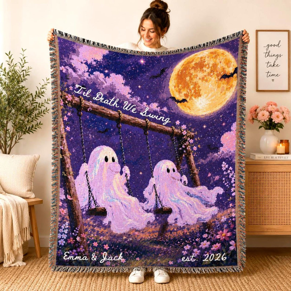 Personalized Ghost Couple Woven Blanket Etsy photo 2