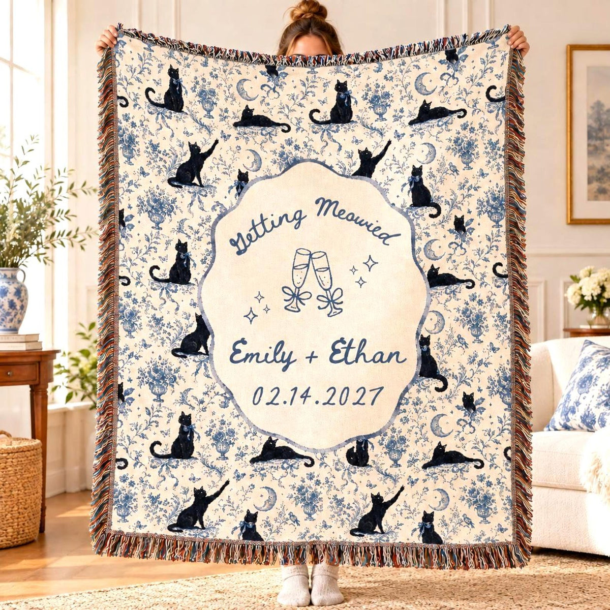 Personalized Black Cat Wedding Woven Blanket Etsy photo 2