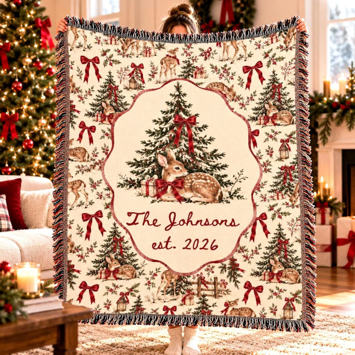 Personalized Christmas Deer Woven Blanket Etsy photo 3