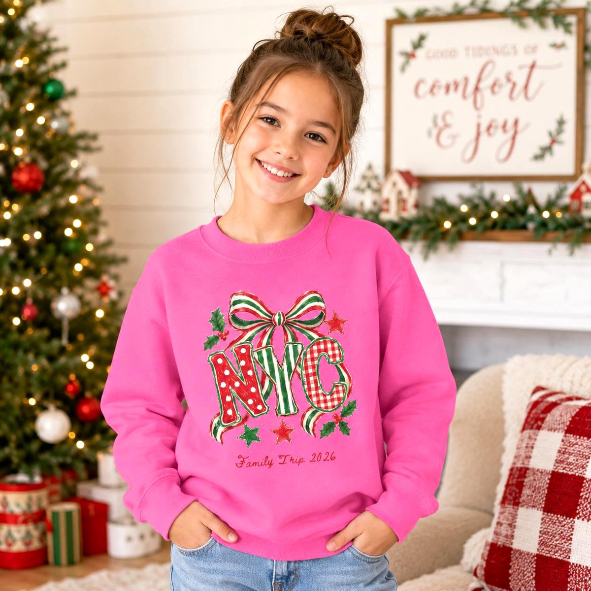 Personalized NYC Bow Christmas Youth Sweatshirt Etsy photo 2