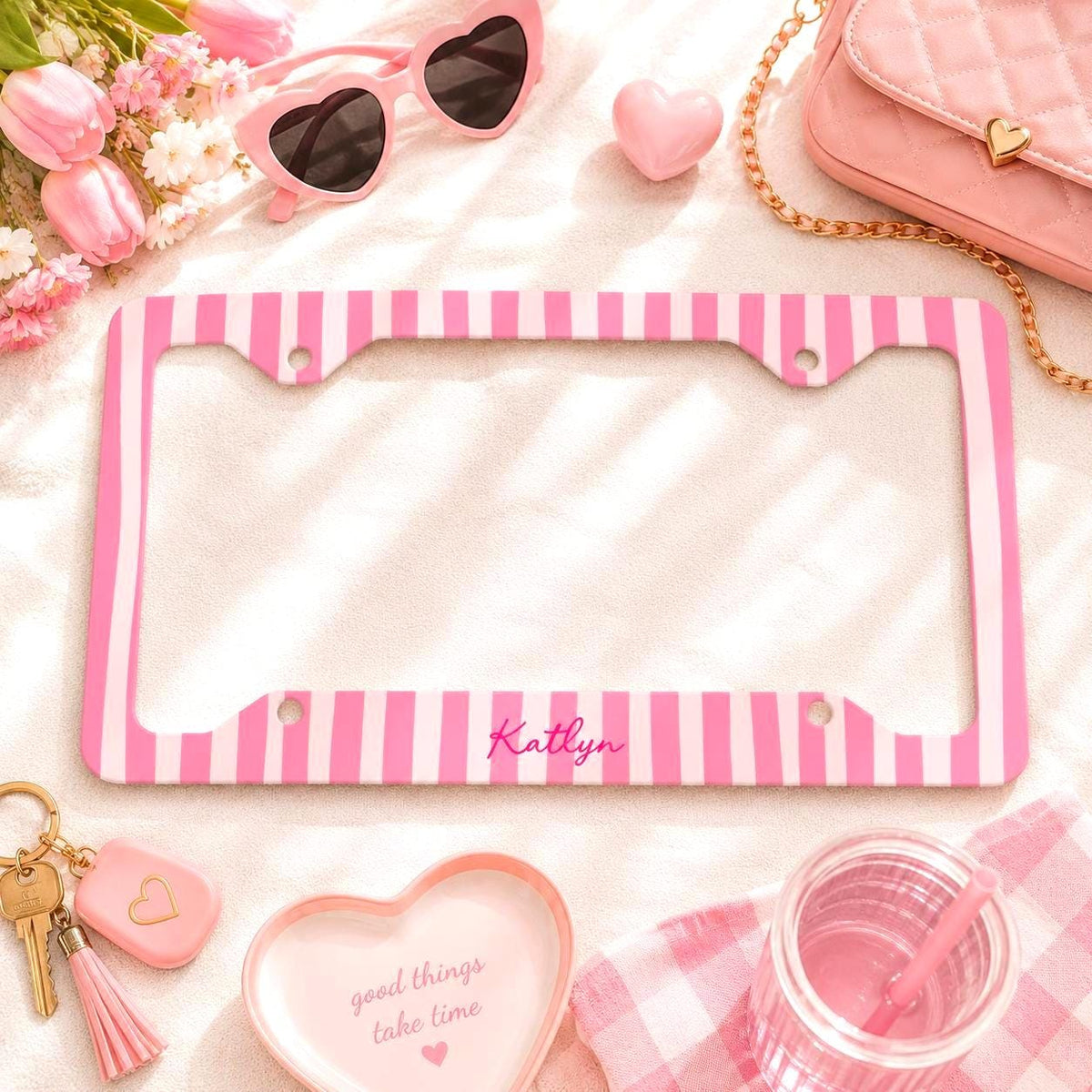 Personalized Pink Stripe Monogram License Plate Frame Etsy photo 1