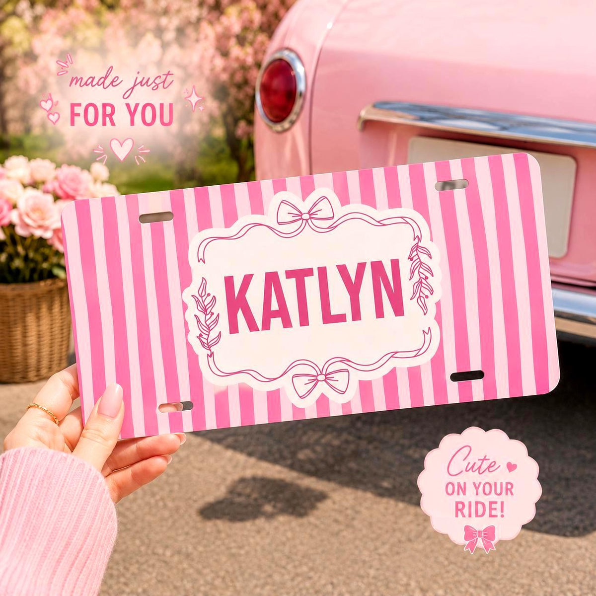 Personalized Pink Stripe Bow Vanity Plate Etsy photo 1
