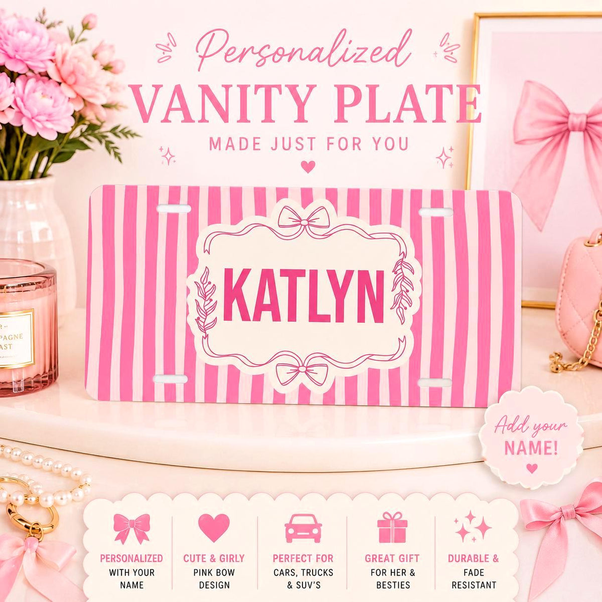 Personalized Pink Stripe Bow Vanity Plate Etsy photo 2