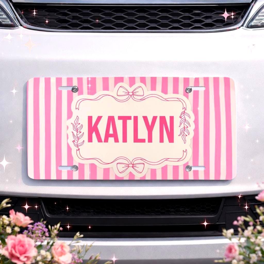 Personalized Pink Stripe Bow Vanity Plate Etsy photo 3